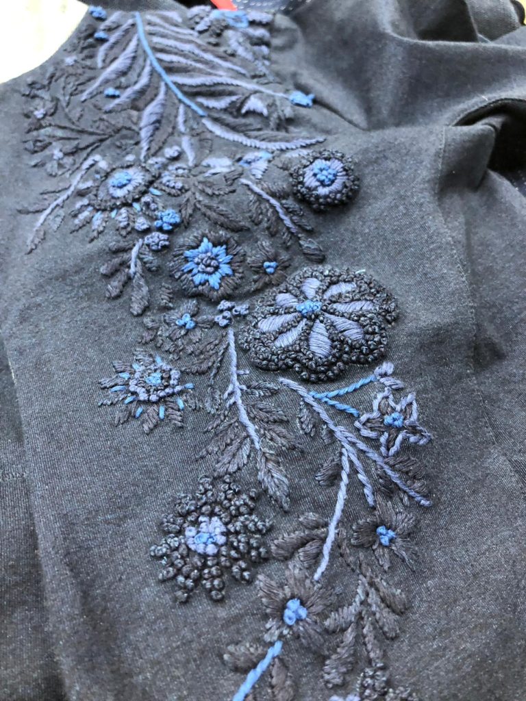 Indigo embroidery in Infiknity prototype denim knitwear for Arvind